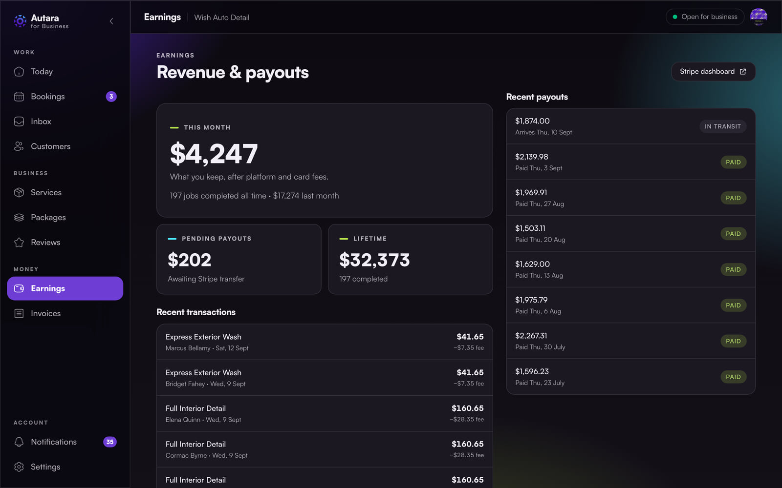 Revenue and payouts in the merchant portal: this month's earnings after fees, pending payouts, and recent transactions with the fee on each