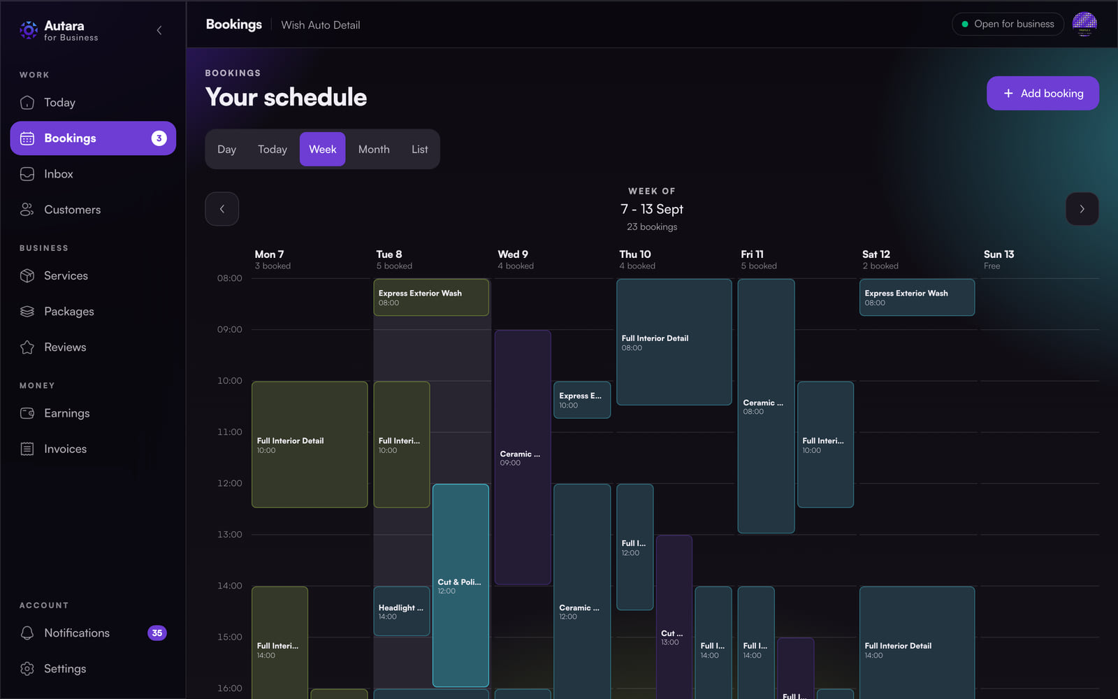 The week view in the merchant portal: each day's bookings with price and status, and the days still free