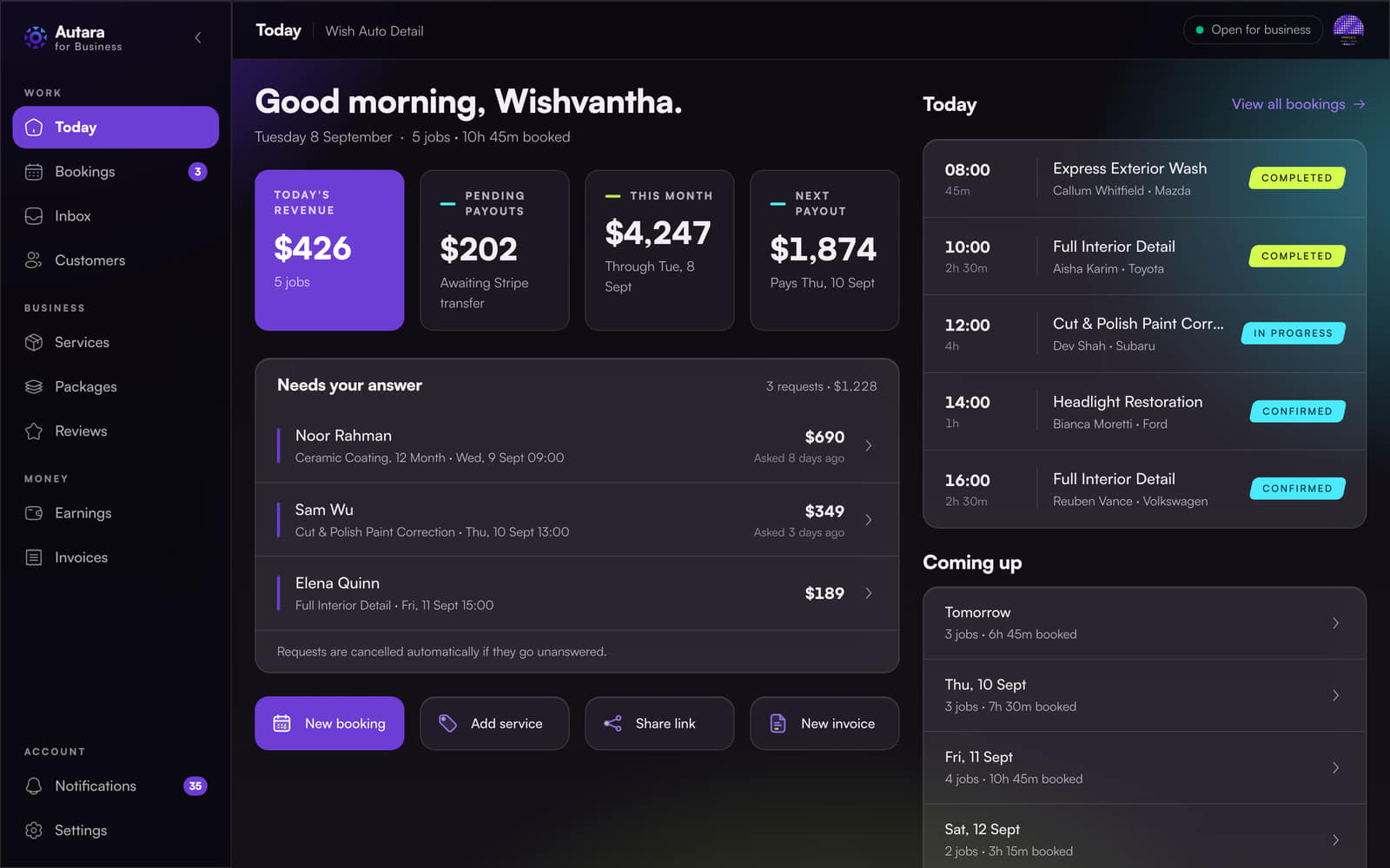 The Autara merchant portal's Today screen: quick actions, today's revenue, pending payouts and the day's bookings